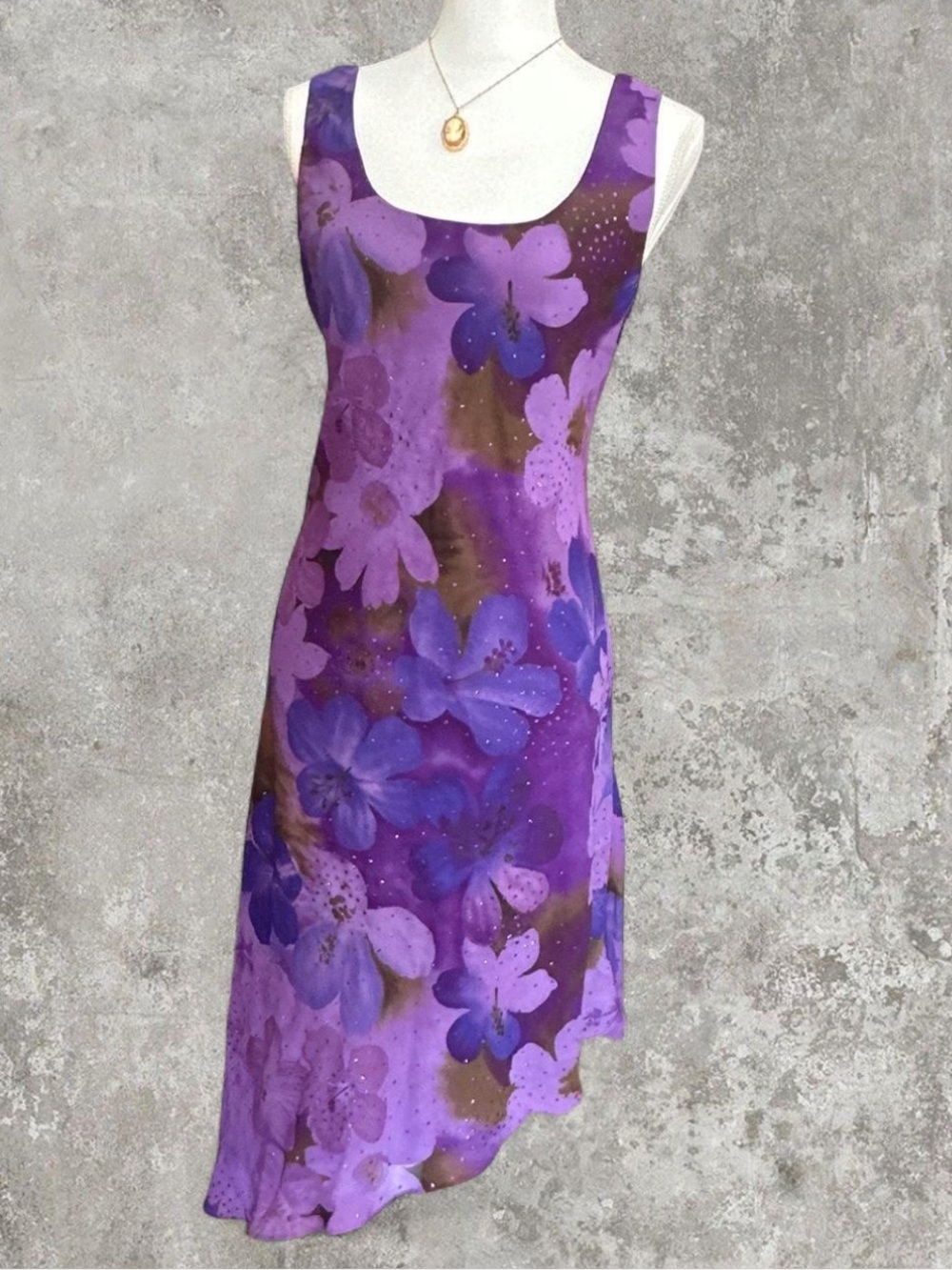 Vintage Y2K Jessica Howard Purple Floral Glitter Mesh Asymmetrical Midi Dress